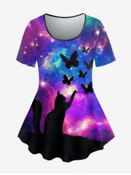 Plus Size Galaxy Cat Butterfly Print T-shirt -  