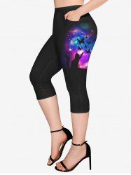 Legging Capri Chat Galaxie Imprimés de Grande Taille avec Poches à Paillettes - Noir 6X