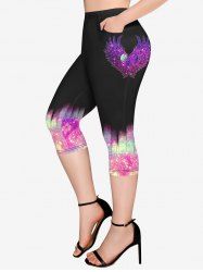 Plus Size Galaxy Glitter Heart Wings Print Pockets Capri Leggings - Pourpre  6X