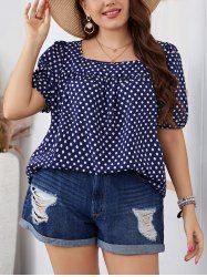 Plus Size Polka Dots Print Square Neck Top Short Sleeve Blouse -  