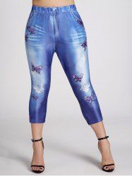 Plus Size 3D Faux Denim Butterfly Print Elastic Waist Capri Leggings -  