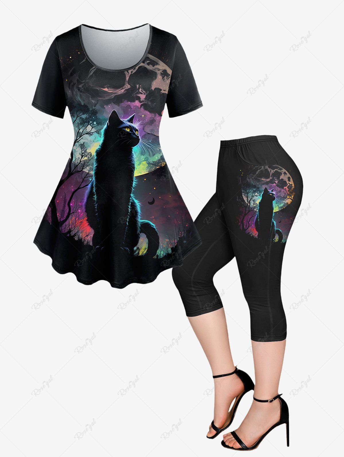Affordable Plus Size Cat Tree Moon Star Printed T-shirt and Pockets Capri Leggings Outfit  