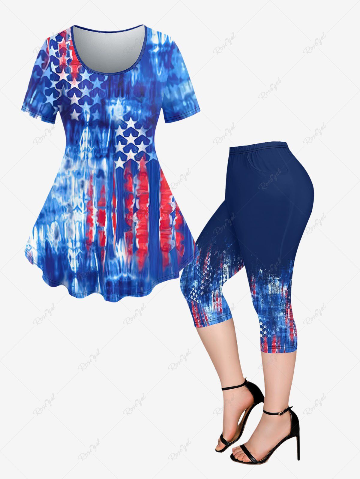 Ensemble de T-shirt Capri Drapeau Américain Teinté Imprimé avec Poches de Grande Taille et Legging Capri Assortis Bleu 