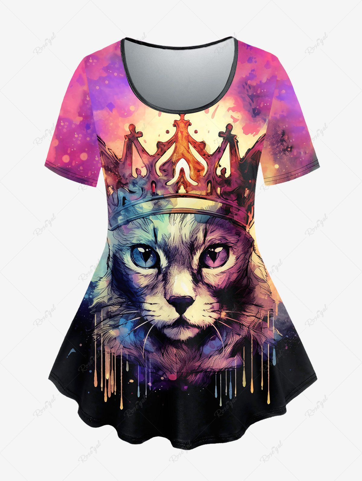 T-shirt Gothique Peinture Eclaboussée Chat et Couronne Imprimés Noir 5X