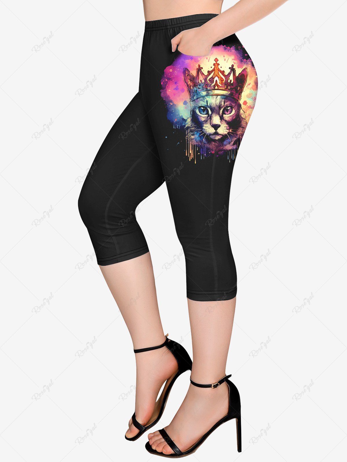 Latest Gothic Crown Cat Paint Splatter Print Pockets Capri Leggings  