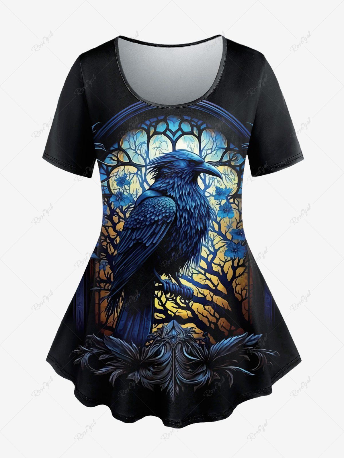 Shops Gothic Eagle Tree Feather Print Short Sleeves T-shirt  