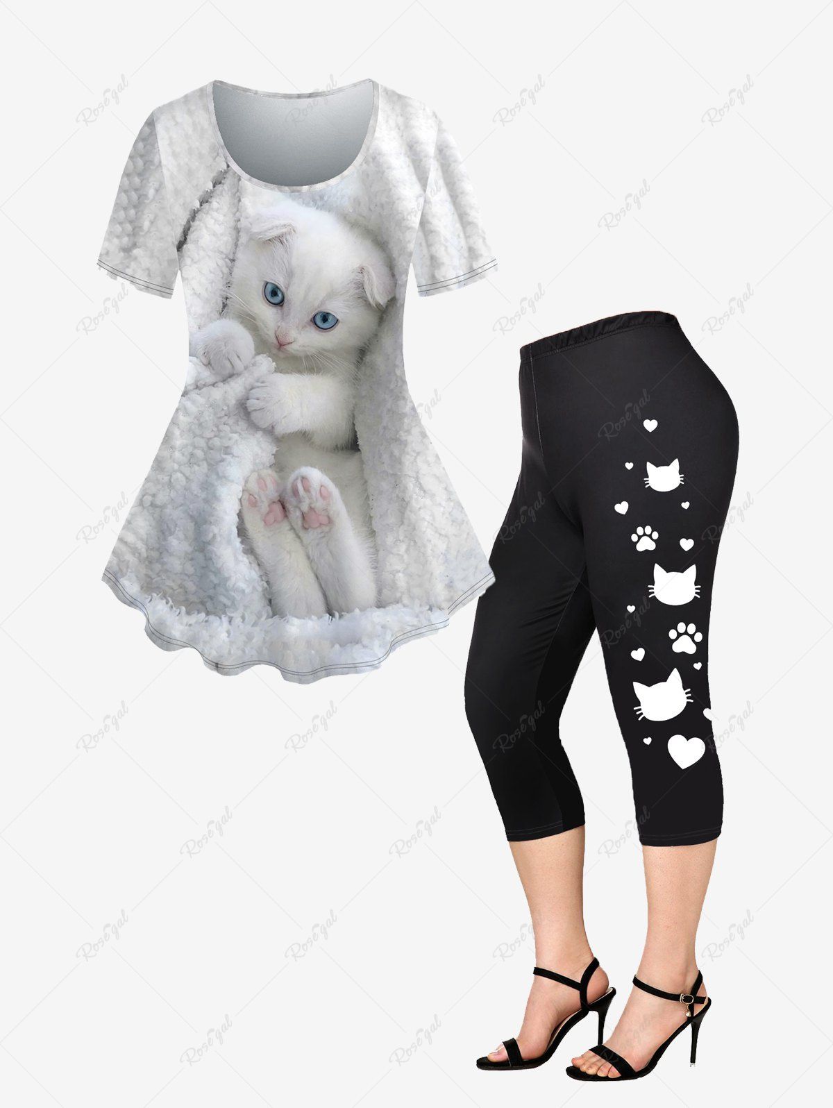 Chic 3D Cat Print Short Sleeves T-shirt and Capri Leggings Plus Size Summer Outfit  