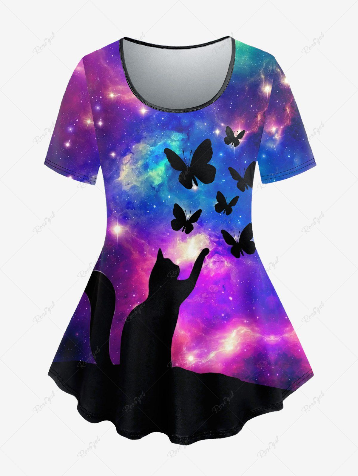 T-shirt Imprimé Chat et Galaxie Grande Taille Pourpre  6X