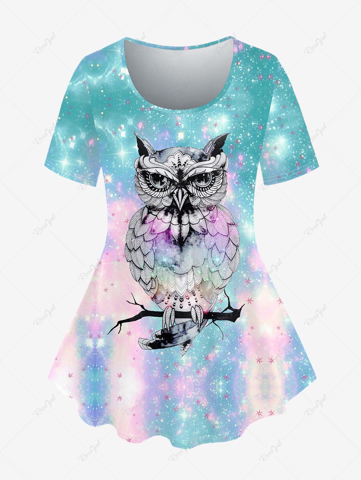 Cheap Plus Size Galaxy Glitter Owl Print Short Sleeves T-shirt  