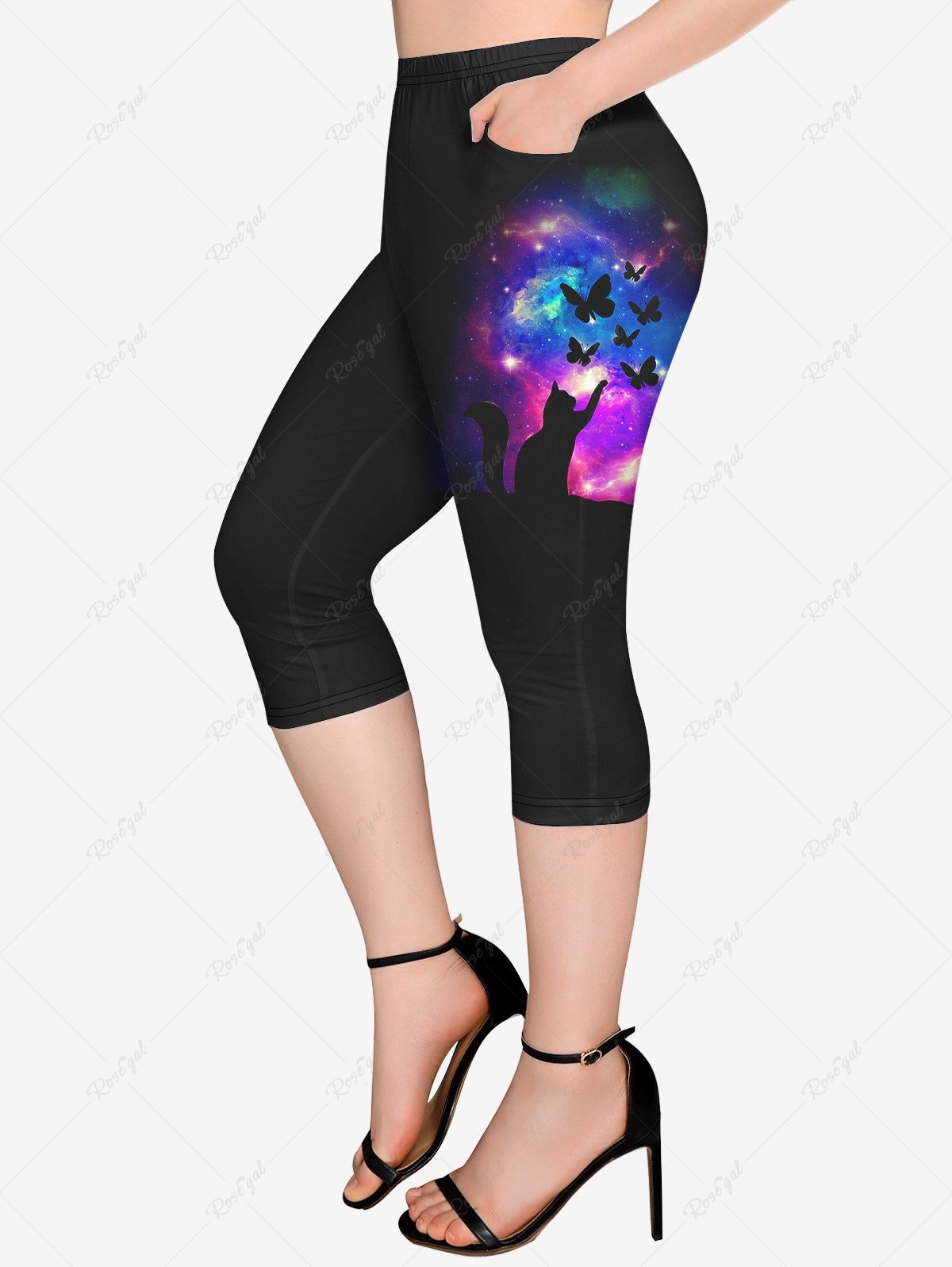 Legging Capri Chat Galaxie Imprimés de Grande Taille avec Poches à Paillettes Noir 6X
