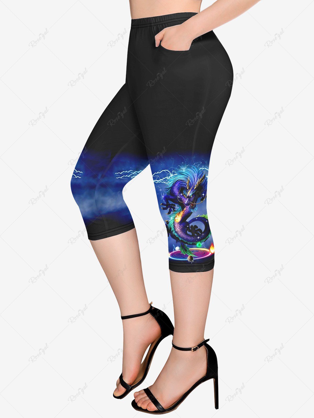 Outfit Plus Size Galaxy Dragon Flame Lightning Print Pockets Capri Leggings  