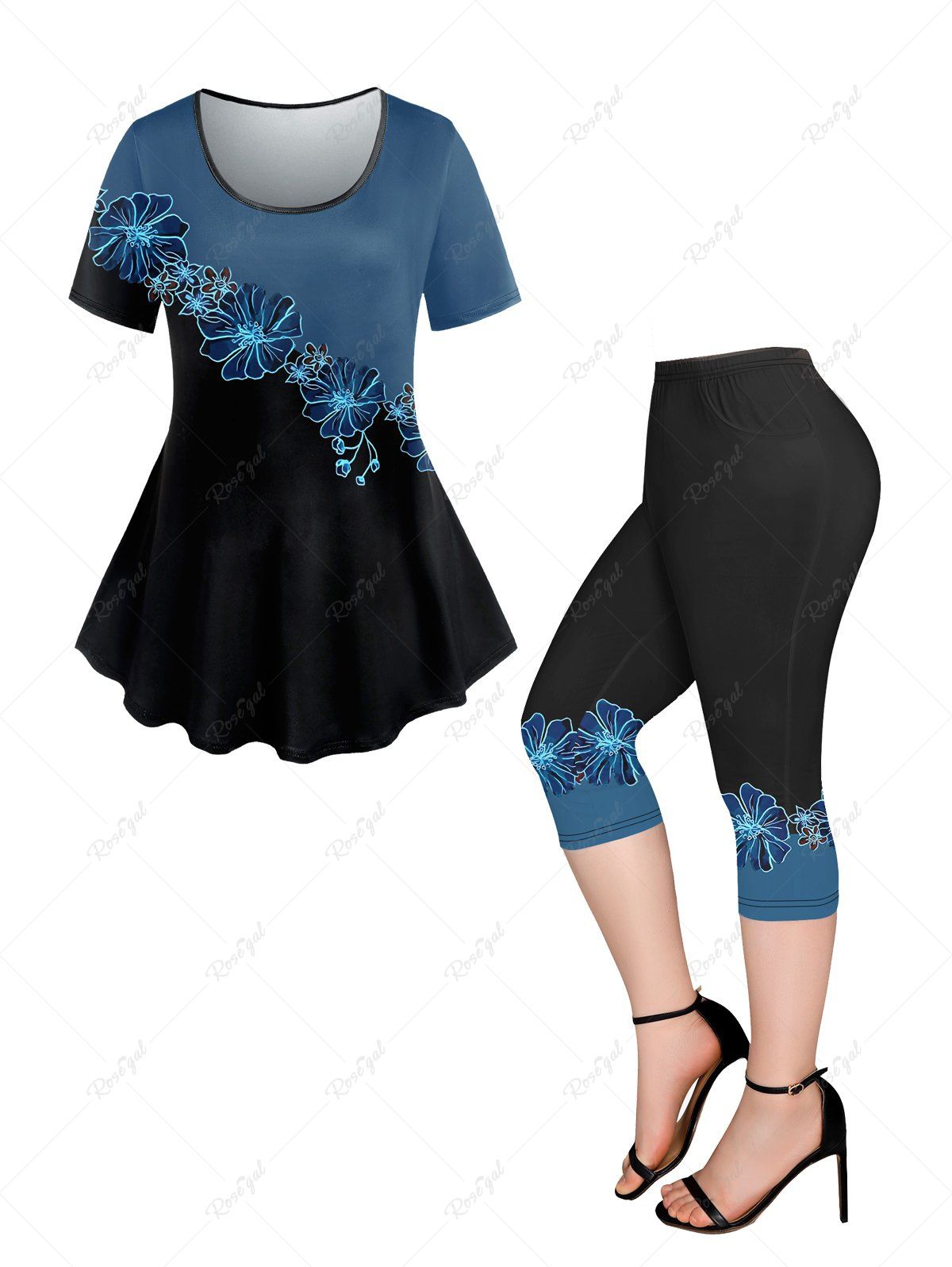 New Colorblock Flower Print Short Sleeves T-shirt and Capri Leggings Plus Size Outfits  