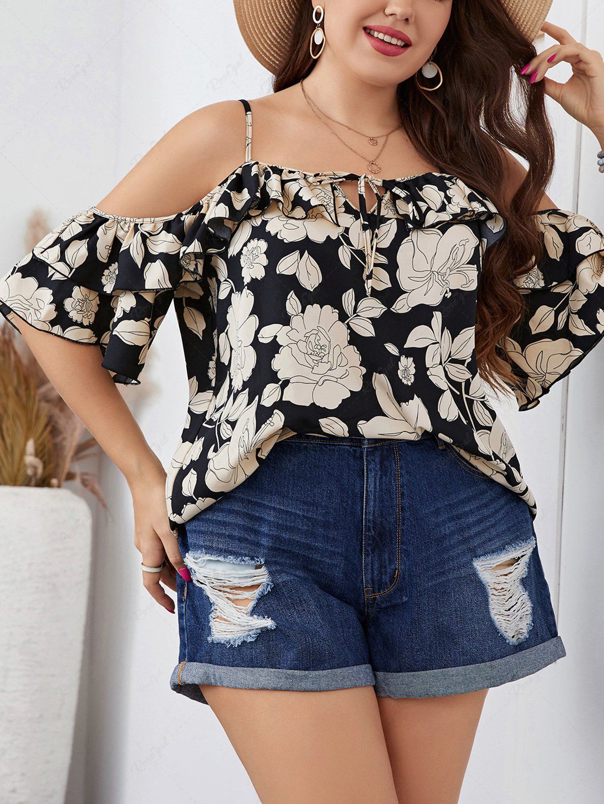 Trendy Plus Size Flower Print Cold Shoulder Ruffles Sleeve Top Adjustable Strap Tie Blouse  