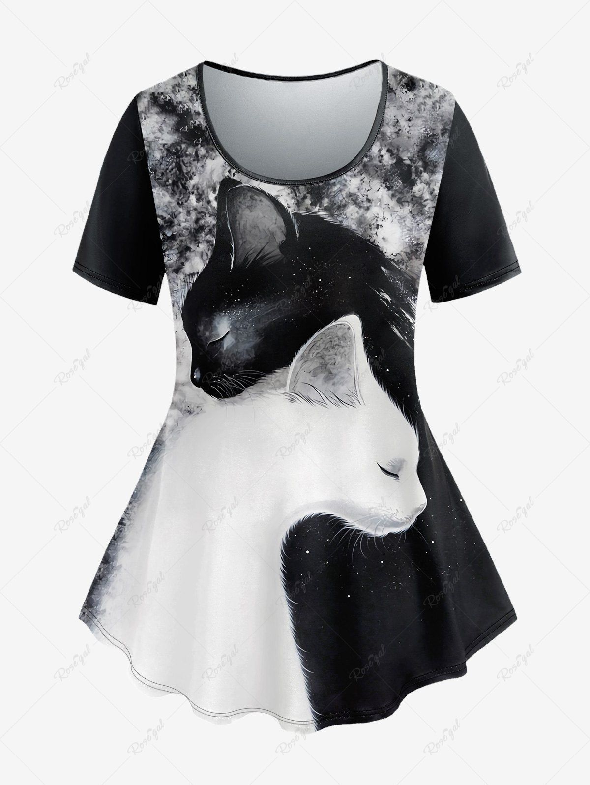 Fashion Plus Size Ink Painting Cats Print Short Sleeves T-shirt  
