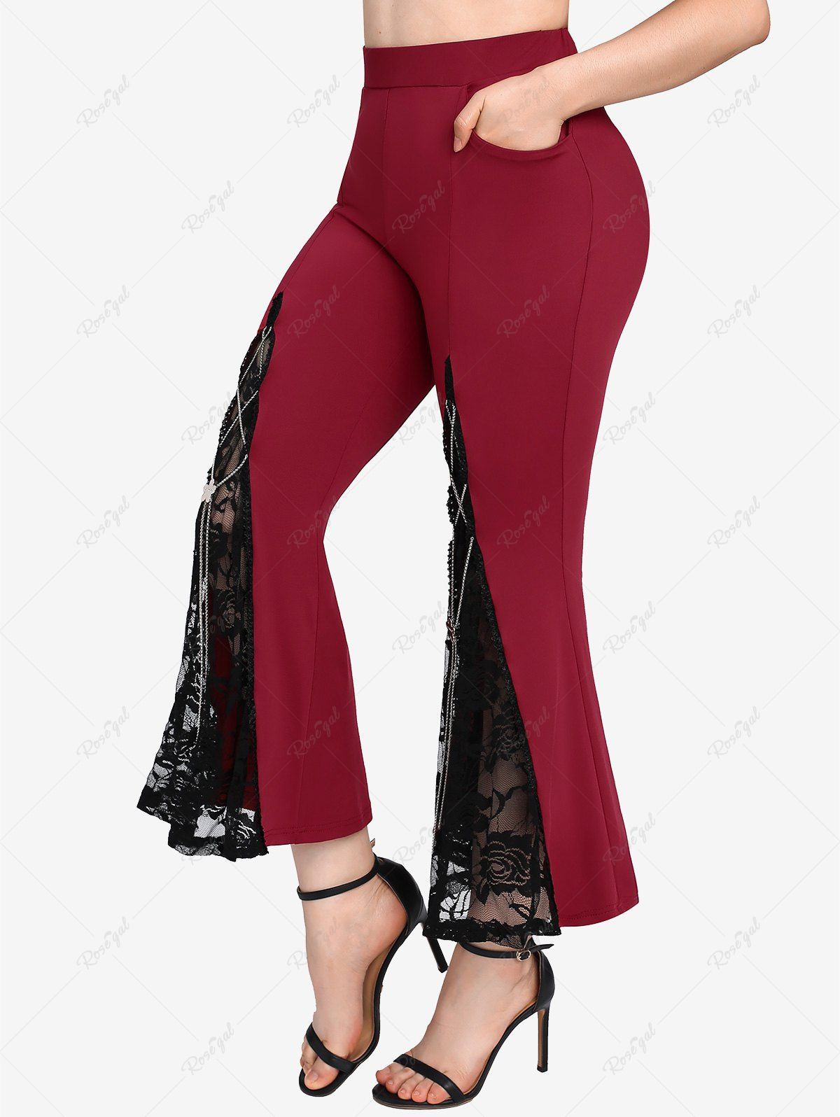 Outfit Plus Size Floral Lace Pockets Chains Braided Flare Pants  