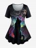 Plus Size Cat Tree Moon Star Printed T-shirt and Pockets Capri Leggings Outfit -  