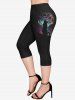 Plus Size Cat Tree Moon Star Printed T-shirt and Pockets Capri Leggings Outfit -  