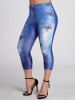 Plus Size 3D Faux Denim Butterfly Print Elastic Waist Capri Leggings -  
