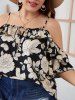 Plus Size Flower Print Cold Shoulder Ruffles Sleeve Top Adjustable Strap Tie Blouse -  