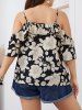 Plus Size Flower Print Cold Shoulder Ruffles Sleeve Top Adjustable Strap Tie Blouse -  