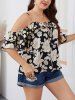 Plus Size Flower Print Cold Shoulder Ruffles Sleeve Top Adjustable Strap Tie Blouse -  