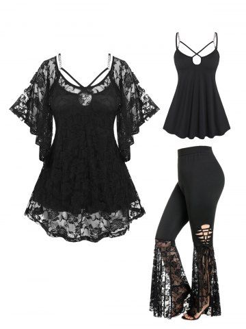Raglan Sleeves Lace Tee and Chains Keyhole Tank Top and Lace-up Slit Flare Pants Plus Size Outfits