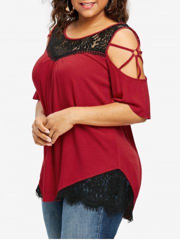 Plus Size Floral Lace Panel Stripes Ring Cold Shoulder T-shirt - DEEP RED - 3X | US 22-24
