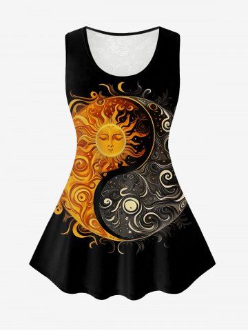 Gothic Floral Lace Back Sun Moon Print Tank Top - BLACK - M