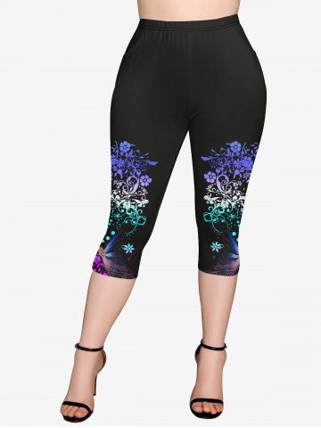 Gothic Flower Dragonfly Beauty Print Pockets Capri Leggings