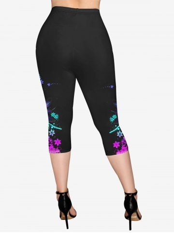 Gothic Flower Dragonfly Beauty Print Pockets Capri Leggings