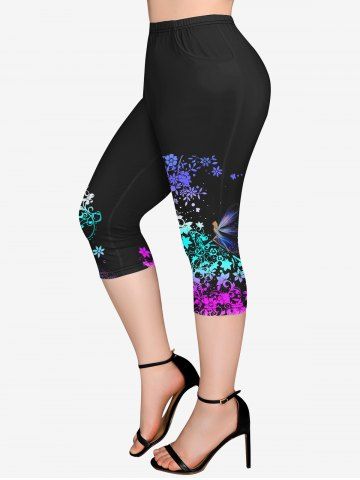 Gothic Flower Dragonfly Beauty Print Pockets Capri Leggings