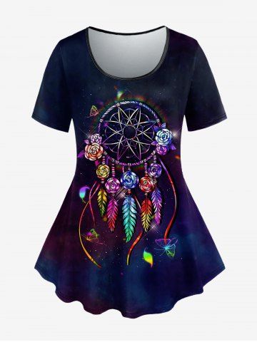 Plus Size Galaxy Feather Butterfly Flower Dreamcatcher Print T-shirt - BLACK - 1X