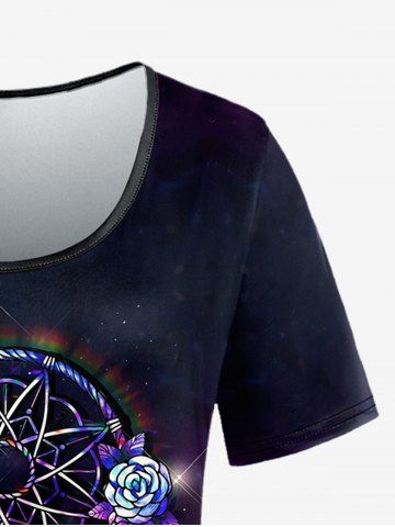 Plus Size Galaxy Feather Butterfly Flower Dreamcatcher Print T-shirt