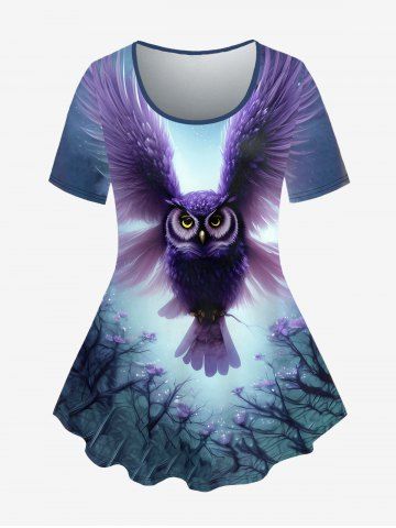 Plus Size Owl Tree Flower Print T-shirt - DEEP BLUE - 2X