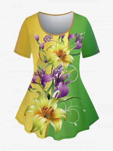 Plus Size Colorblock Flower Print T-shirt - GREEN - 2X