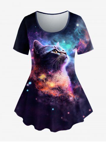 Plus Size Galaxy Cat Glitter Print T-shirt