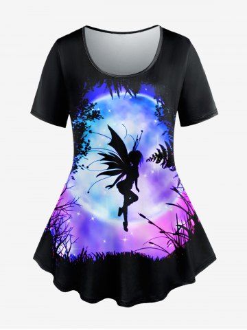 Gothic Galaxy Butterfly Angel Glitter Print T-shirt - BLACK - 4X