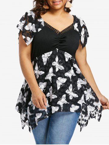Plus Size Butterfly Print Hollow Out Neck Ruched T-shirt - BLACK - 2X | US 18-20