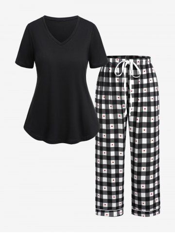 Plus Size V Neck Top and Plaid Heart Print Tied Pants Pajamas Set