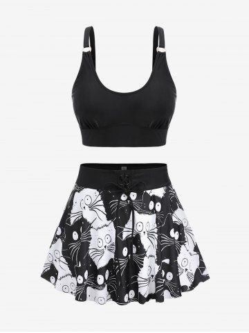 Plus Size Cats Printed Lace Up Skirted Tankini Swimsuit - BLACK - 1X | US 14-16