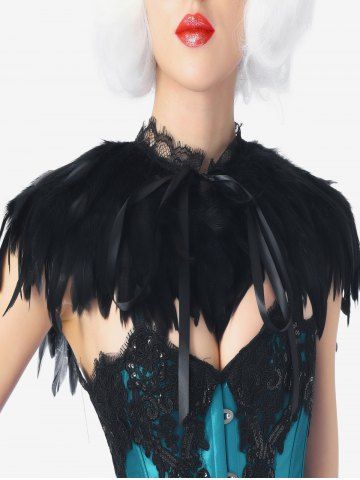 Gothic Feather Lace Trim Tied Cape - BLACK - ONE SIZE