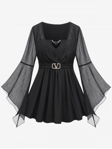 Plus Size Ruched Chain Panel Buckle Mesh Bell Sleeves T-shirt - BLACK - M | US 10