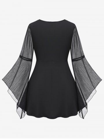 Gothic Plus Size Ruched Chain Panel Buckle Mesh Bell Sleeves T-shirt