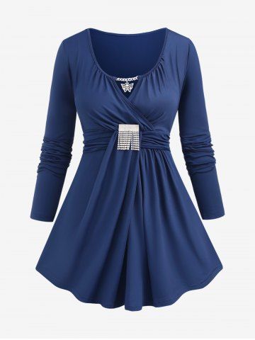 Plus Size Butterfly Chain Panel Surpliced Buckle Ruched T-shirt - DEEP BLUE - 4X | US 26-28