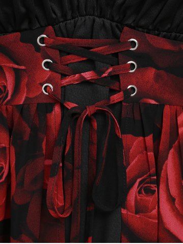 Plus Size Flare Sleeves Rose Flower Printed Lace Up Chiffon Layered Ruched Bust Valentines Top