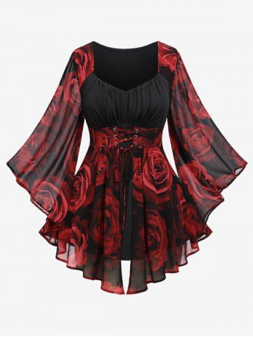 Plus Size Lace Up Chiffon Floral T-shirt - DEEP RED - 4X | US 26-28