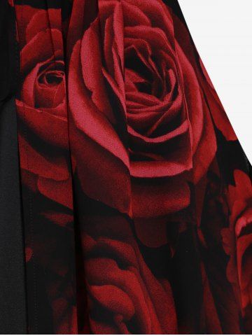 Plus Size Flare Sleeves Rose Flower Printed Lace Up Chiffon Layered Ruched Bust Valentines Top