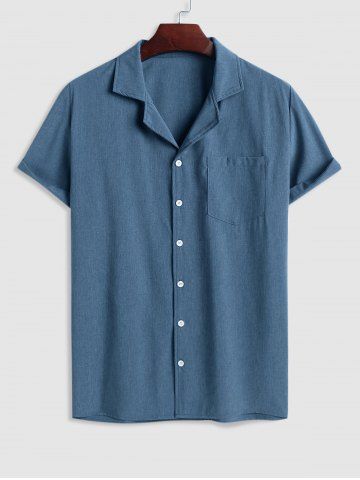 Men's Solid Color Lapel Collar Short Sleeves Front Pocket Design Button Up Casual Shirt - DEEP BLUE - L