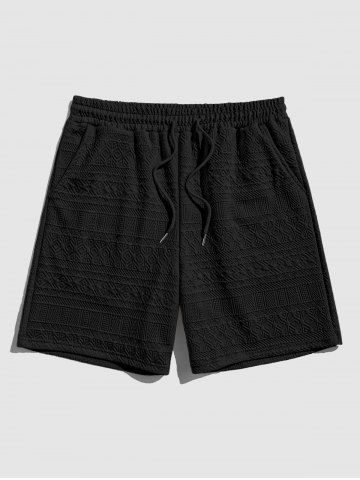 Geometric Retro Jacquard Textured Drawstring Shorts - BLACK - 2XL