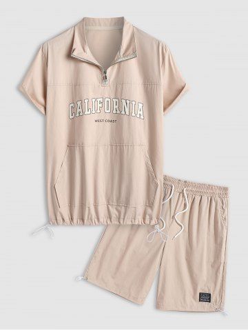 Men's CALIFORNIA WEST COAST Letter Printed Quarter Zip Kangaroo Pocket Design Drop Shoulder Short Sleeves Shirt and Drawstring Hem Shorts Cargo Set - LIGHT COFFEE - XXL